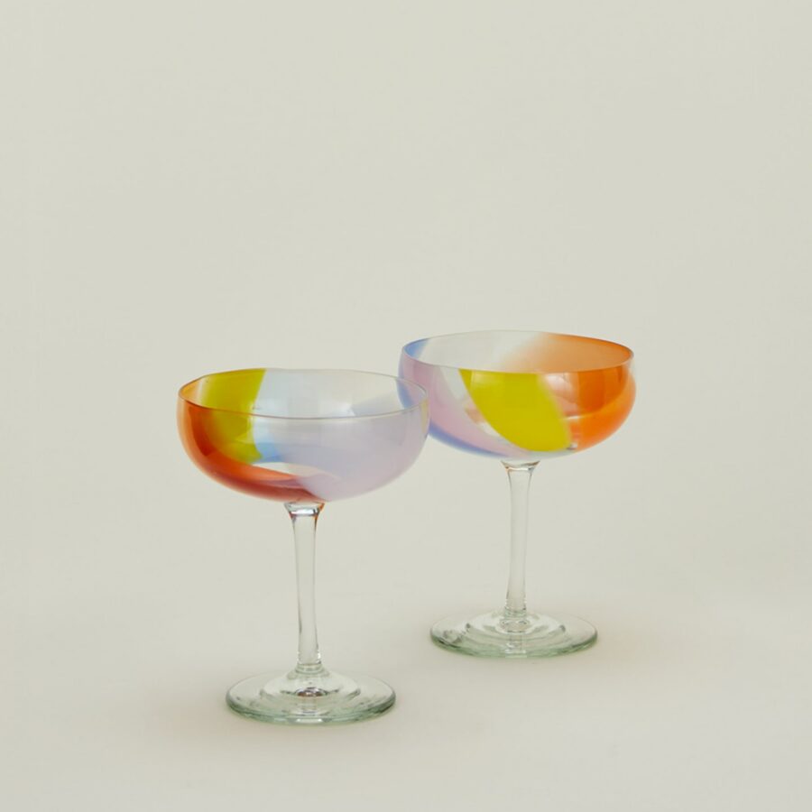 Multicolor Hand-Blown Coupe Pair